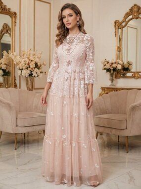 Luxurious Designer Lace Beaded Glamorous Prom Party Embroidery Floral Gown Dress